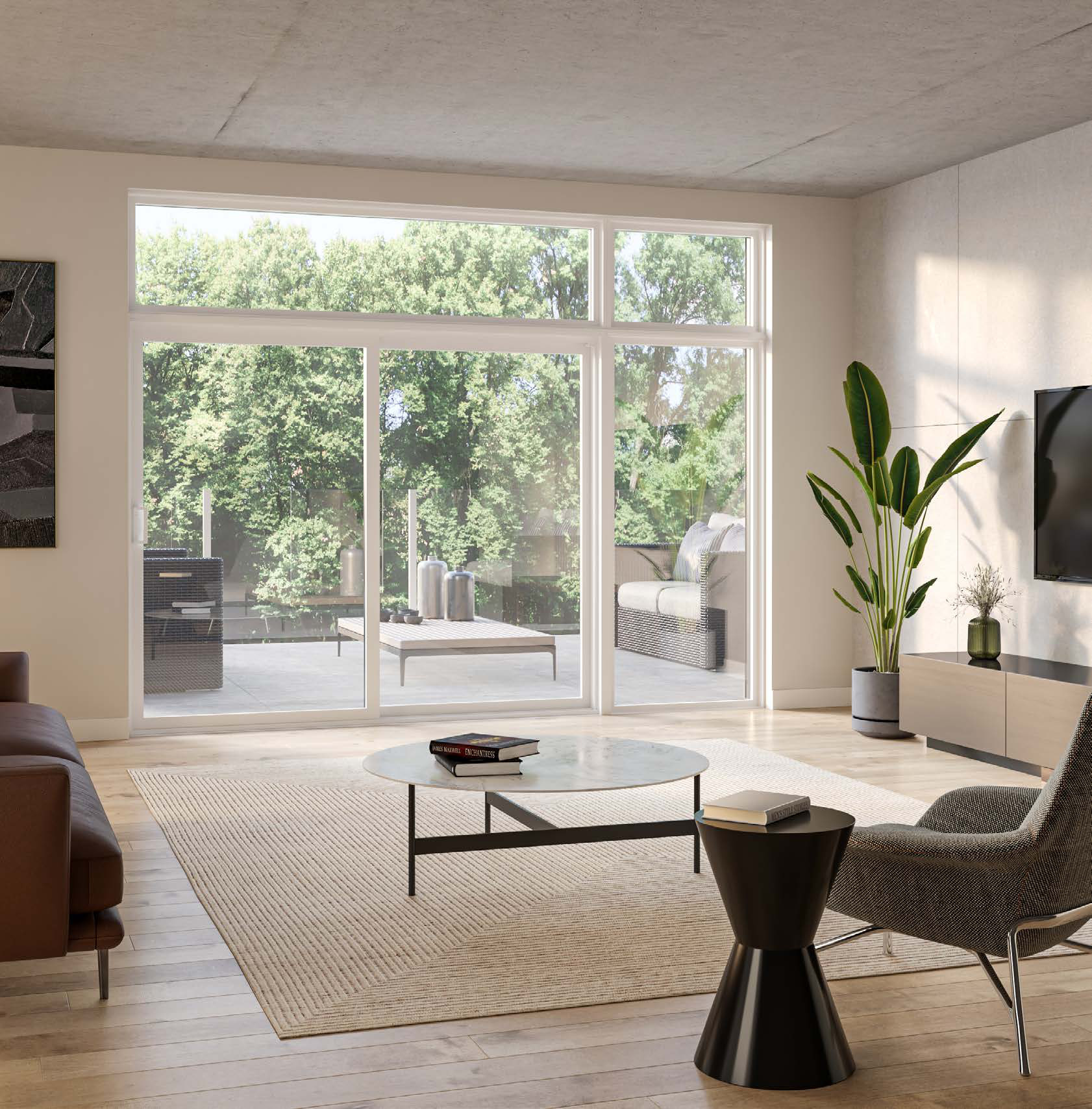 Salon contemporain ouvert par une porte patio coulissante blanche et ses impostes vitrées