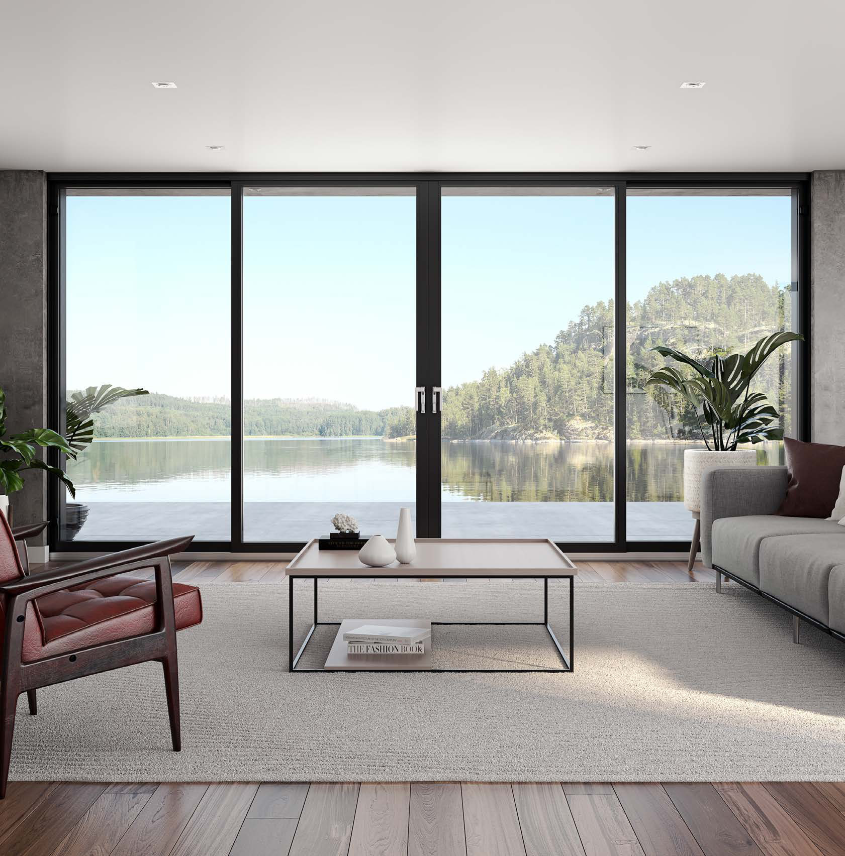 Salon contemporain ouvert sur un lac par une porte patio noire pleine hauteur